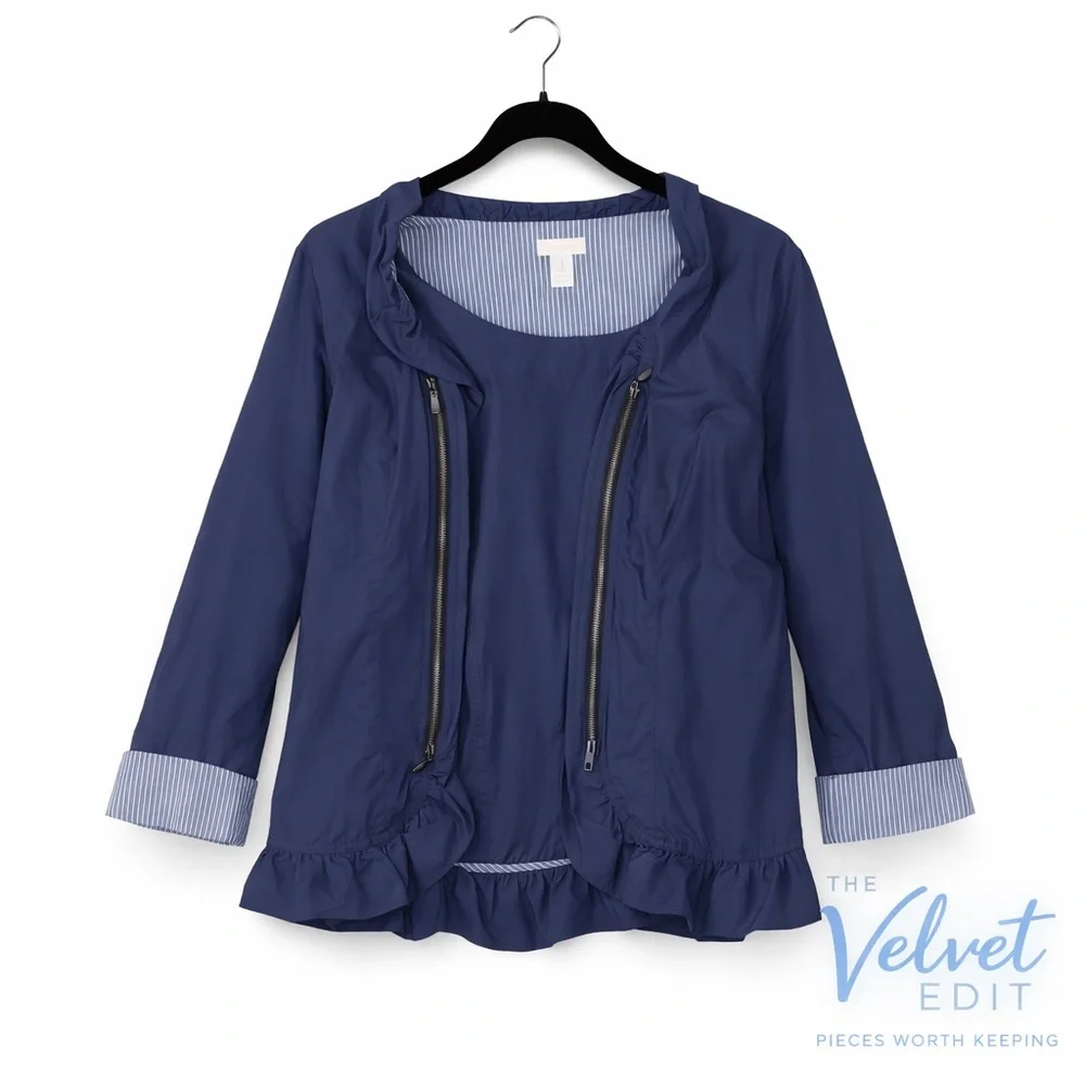 Chico’s Blue Ruffle Hem Jacket Size 2 Cotton Lightweight Utility Chic - Picture 1 of 3